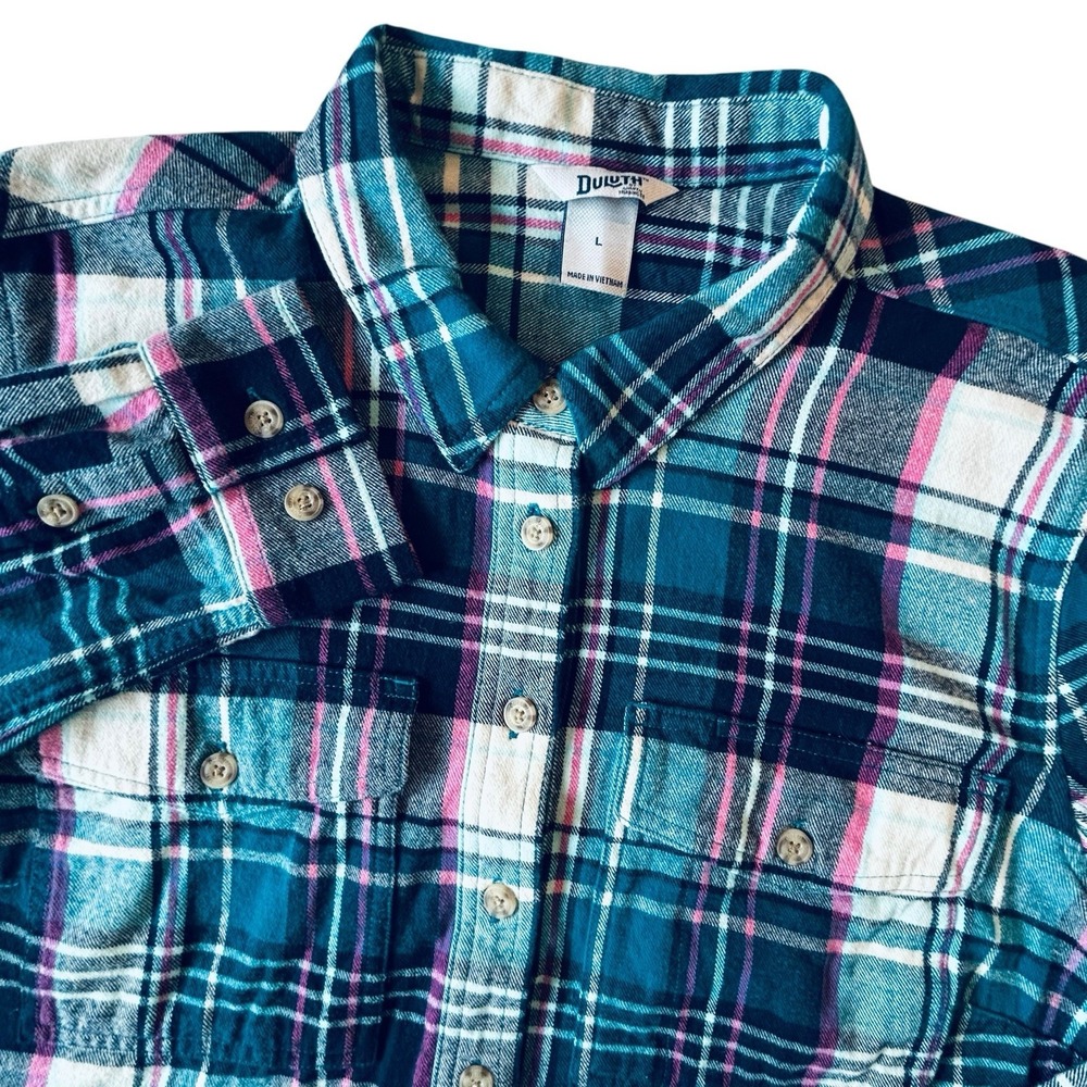 Duluth Trading Flannel Shirt Womens Large Blue Green Pink Plaid Button Down LS